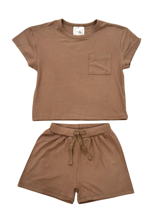 Brown Ribbed Toddler Short Lounge Set