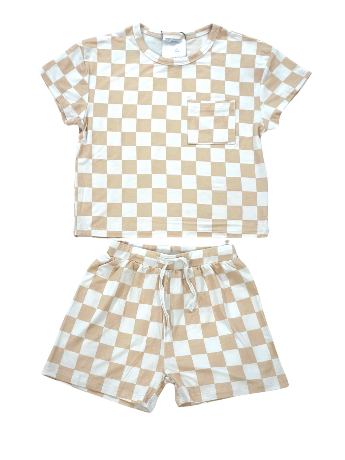 Tan Checkered Toddler Lounge Short Set